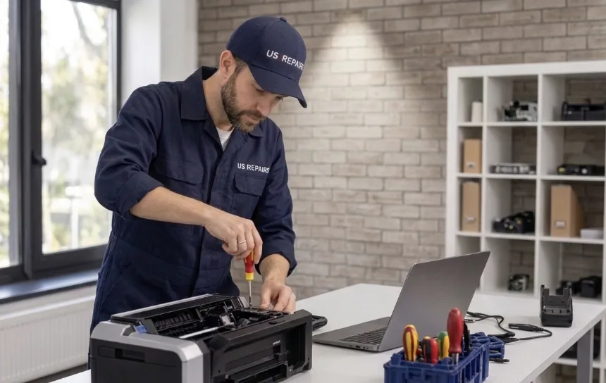 US Repairs technicians fixing home devices including printers, computers, and laptops